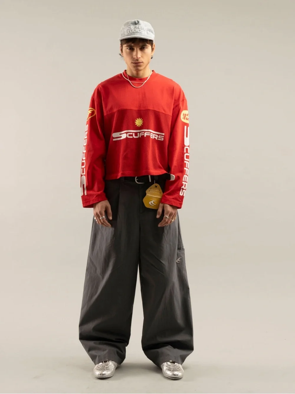 SCUFFERS Oversized Men Red Crewneck Mesh Pullover Sweater
